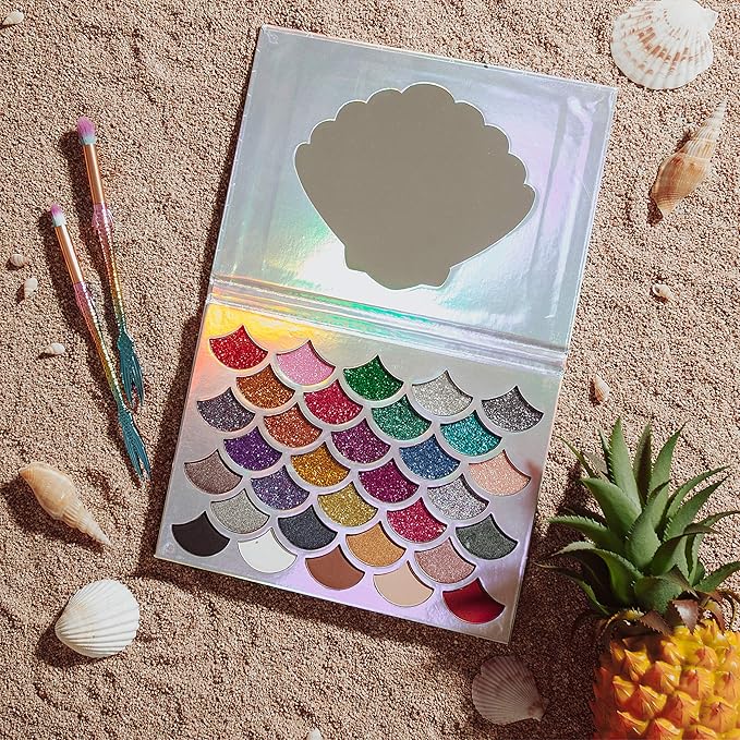 The Original Mermaid Glitter Eyeshadow Palette (32 Colors) - 21 Pressed Glitters, 6 Shimmery & 5 Matte Shades - Highly Pigmented - Waterproof & Long-Lasting (Mermaid)