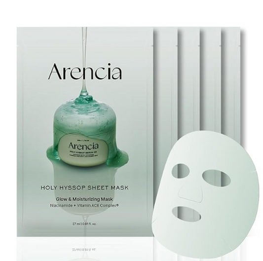 Arencia Hyssop Glow Sheet Mask, 5 Pack – Hydrating, Repairing, and Brightening Mask with Vitamins A, C, and E