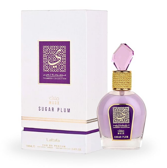 Lattafa Thameen Collection Musk Sugar Plum Eau de Parfum 3.4 oz – Long-Lasting Floral Fruity Fragrance for Women