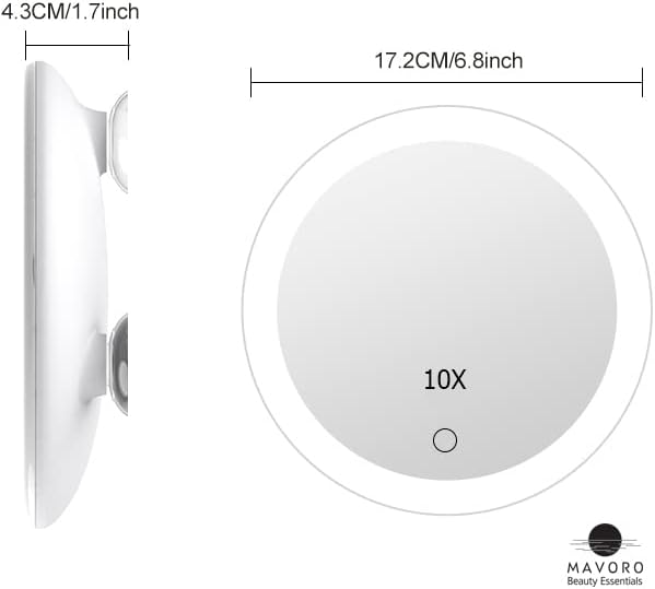 10X Magnifying Mirror with LED Light and 3 Strong Suction Cups. Compact, Lighted Makeup Mirror (4 AAA Battery Operated)