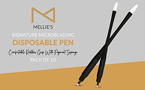 M PACK OF 10 Mellie's Signature Microblading Disposable Pen - Sterilized Blade - Comfortable Rubber Grip With Pigment Sponge (V16 .18mm, Black)