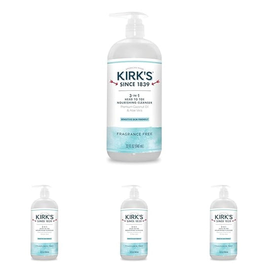 Kirk's 3-in-1 Castile Liquid Soap Fragrance Free Soap | Head-to-Toe Clean Shampoo, Face Soap & Body Wash for Men, Women & Children | 32 Fl Oz. (Pack of 4)