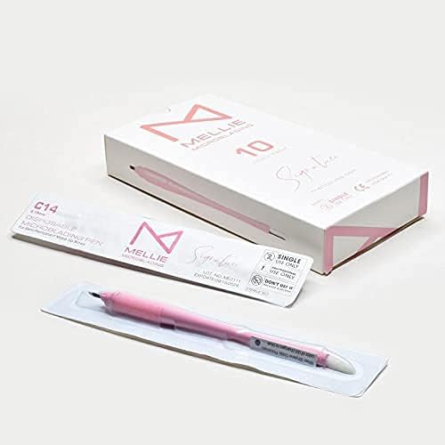 M PACK OF 10 Mellie's Signature Microblading Disposable Pen - Sterilized Blade - Comfortable Rubber Grip With Pigment Sponge (C14 NANO .15mm, Pink)