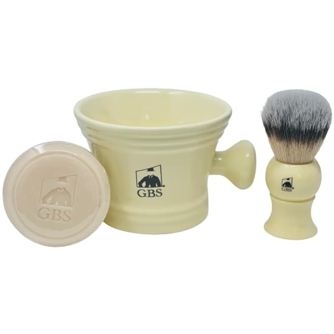 G.B.S Heavy Duty Ceramic Shaving Set – Ivory Mug with Knob Handle, Faux Ivory Handle Brush, 3 oz Natural Long-Lasting Lather Soap – Classic Wet Shaving Kit for Men