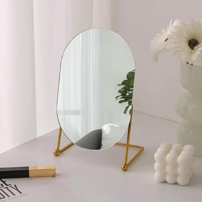 Desk Vanity Mirror with Stand Tabletop Makeup Table Mirrors Portable Table Make Up for Bedroom Golden Metal Framed Folding Bathroom Shaving Cosmetic Mirror