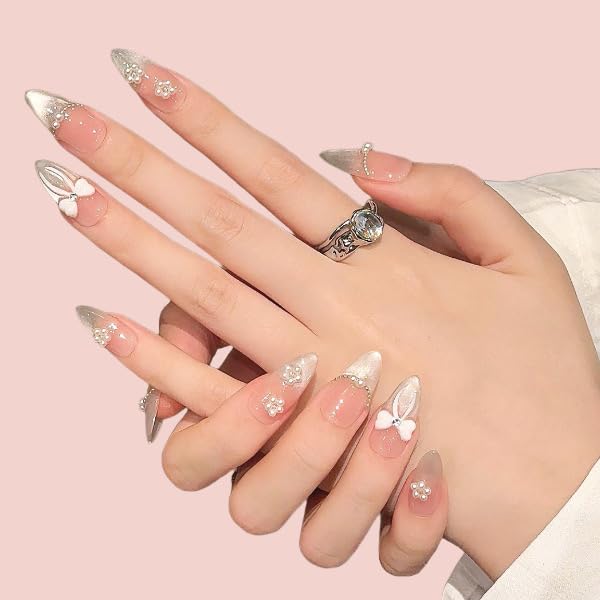 Press on Nails Handmade Nails 3D Press on Nails Short Medium Oval Almond Nails Fake Nails Glitter Cat Eye Nails Gel Nails Durable Reusable False Nails 10 Pcs (Ice Butterfly, S)