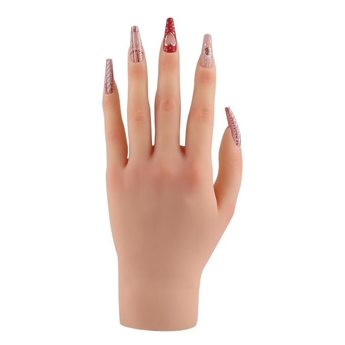 KnowU Silicone Practice Hand for Acrylic Nails, Left Hand, 1 Count, French Style, Solid Pattern, Full Well Tips, Glossy Finish, Almond Shape, 1 Set, 1 Piece