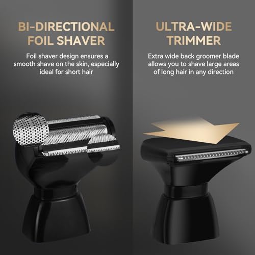 ZOMU Ultimate PRO Back Shavers for Men Body Shaver with Adjustable Extreme Reach Handle, Body Groomers Men's Electric Back Shaver with Nose Hair Trimmer Set and 2 Shock Absorber Flex Heads（Black）