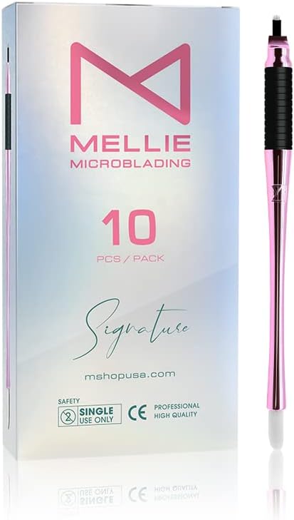 Mellie's Signature Microblading Eyebrow Pen (Pack of 10) - Disposable Pen for Brows - Sterilized Blade, Comfortable Rubber Grip and Pigment Sponge (U18 NANO .15mm, Neon)