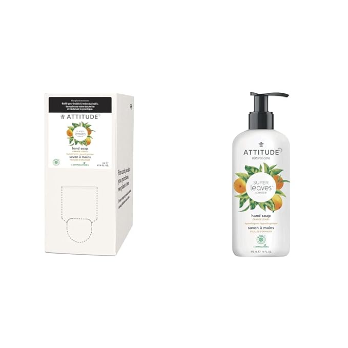 Bundle of ATTITUDE Liquid Hand Soap, EWG Verified, Plant and Mineral-Based, Vegan Personal Care Products, Orange Leaves, 16 Fl Oz + Bulk Refill, 67.6 Fl Oz