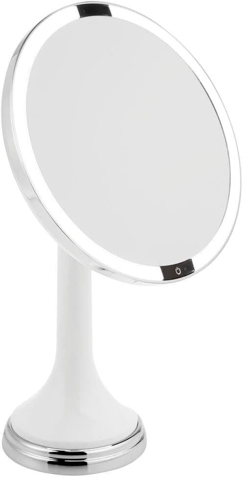 mDesign Modern Motion Sensor LED Lighted Makeup Bathroom Vanity Mirror, Large 8" Round, 3X Magnification, Hands-Free, Rechargeable and Cordless - White/Chrome