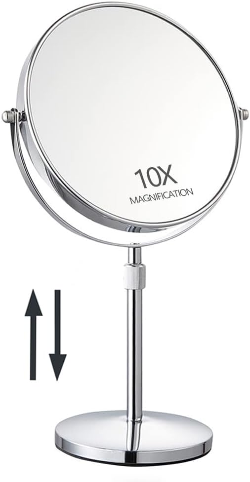 17" Tall Tabletop Magnifying Makeup Mirror Height Adjustable Vanity Mirror 1X/10X Magnification, 8" Large Double-Sided 360° Swivel Classic Round Desktop Make Up Mirror for Bathroom & Bedroom, No Light