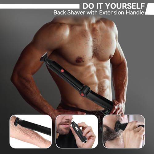 ZOMU Ultimate PRO Back Shavers for Men Body Shaver with Adjustable Extreme Reach Handle, Body Groomers Men's Electric Back Shaver with Nose Hair Trimmer Set and 2 Shock Absorber Flex Heads（Black）
