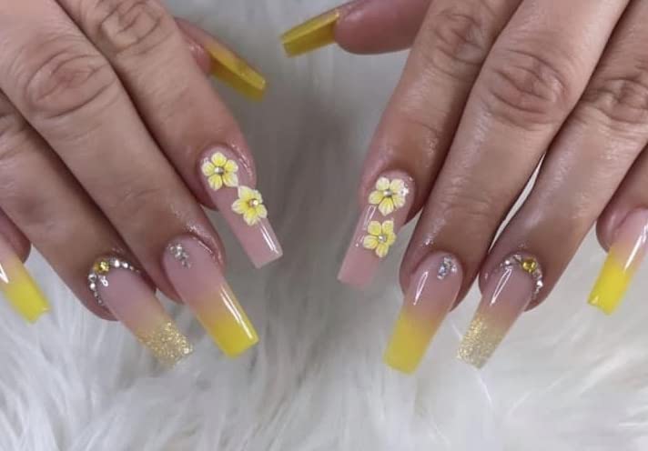 Set 3D Acrylic Yellow Flower Nail Art Charms Handmade by Acrylic Powder - 24pcs 3D Flowers Nails Rhinestones Kit 3D Crystal Nail Pearls Design Acrylic Nail Art for Women (Yellow)