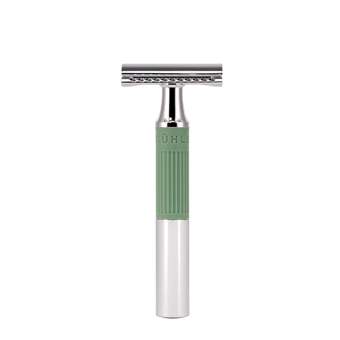 MÜHLE NEO safety razor|double edge safety razor for beginners and experienced shavers|sustainable eco-friendly and reusable|for men and women|chrome with sage green silicone grip handle