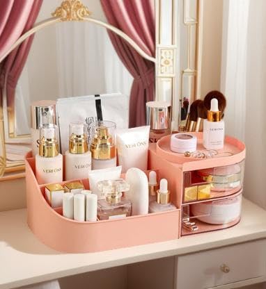 skin care organizer,Makeup Desk Organizer With Drawers,Countertop Organizer for Cosmetics,Vanity brush with Holder for Lipstick, Brushes, Eyeshadow, and Desktop Finishing Dresser (D-pink)