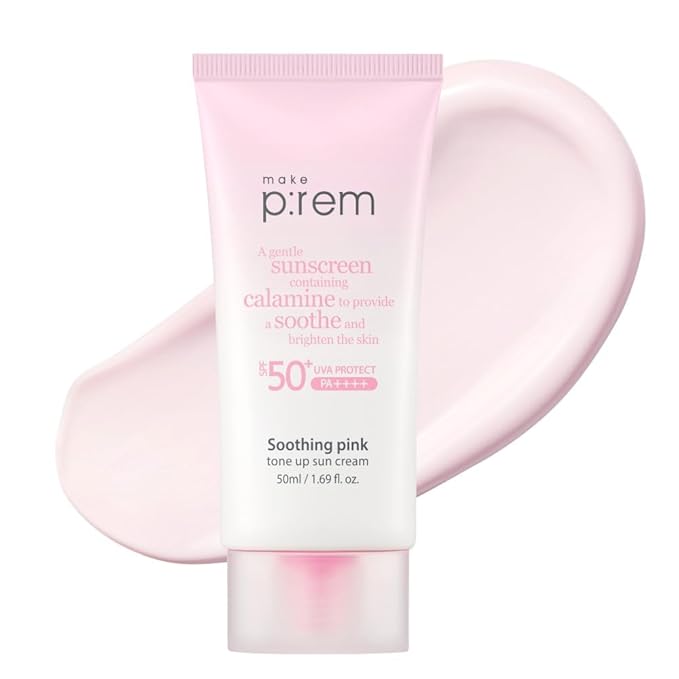 MAKE P:REM Soothing Pink Tone Up Sunscreen, Mineral Sunscreen for Dehydrated Skin, Lightweight, Non-Greasy Formula, Skin Tone Correction, Korean Sunscreen, SPF 50, 1.69 Fl. Oz. 50ml
