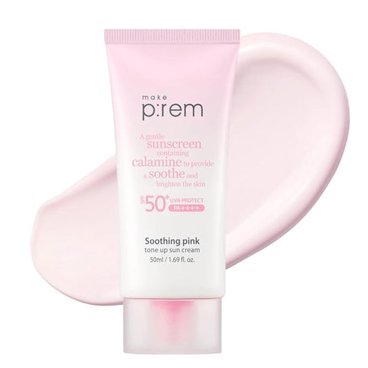 MAKE P:REM Soothing Pink Tone Up Sunscreen, Mineral Sunscreen for Dehydrated Skin, Lightweight, Non-Greasy Formula, Skin Tone Correction, Korean Sunscreen, SPF 50, 1.69 Fl. Oz. 50ml
