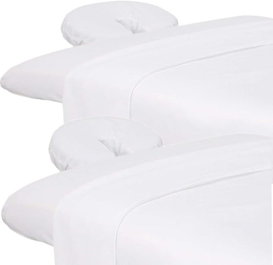 Glarea Microfiber Massage Table Sheet Set 2 Pack with 2 Face Cover, 2 Flat Sheets and 2 Fitted Sheets (White - 2 Sets, Massage Table)