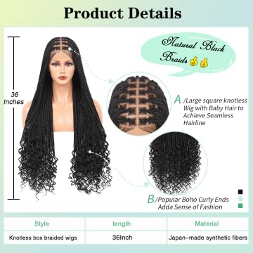 36 Inch 13X8 HD Lace Front Box Braided Wigs With Boho Curly Ends Knotless Braided Wig For Women Human Hair Blended Braids Lace Front Wig With Baby Hair Natural Black