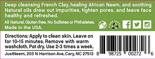 French Clay Mask with Neem, for Blemishes, Blackheads, Rashes; for Irritated and Stressed Skin; Deeply Cleansing and Rejuvenating; Rosemary, Lavender, Eucalyptus Essential Oils, 3.4 oz