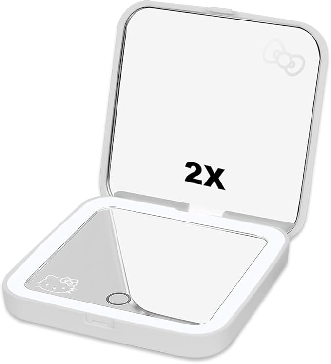 Impressions Vanity Hello Kitty Supercute Compact Mirror with Touch Sensor Switch for Adjustable Brightness, Lighted Makeup Mirror with LED Lights and 2X Magnifying Mirror Top (White)