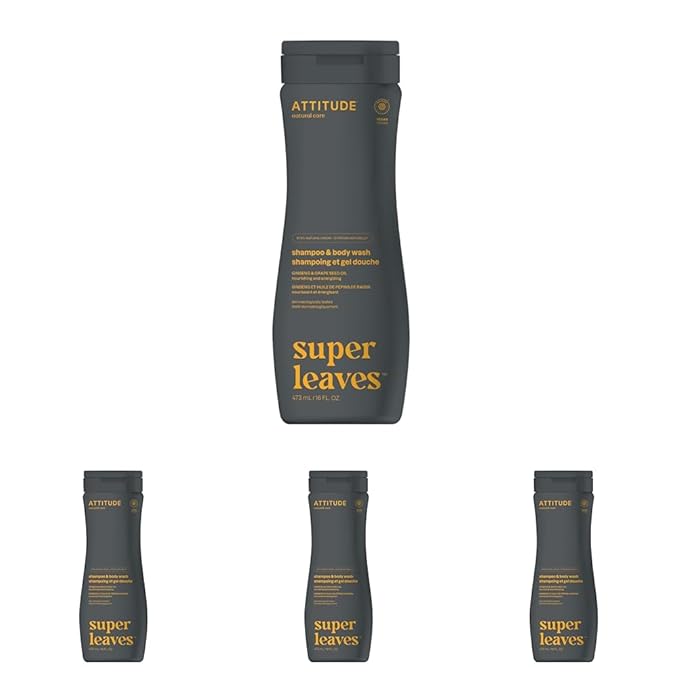 ATTITUDE 2-in-1 Body Wash and Hair Shampoo, EWG Verified Shower Gel, Dermatologically Tested, Made with Naturally Derived Ingredients, Vegan Personal Care, Ginseng and Grapeseed Oil, 16 Fl Oz