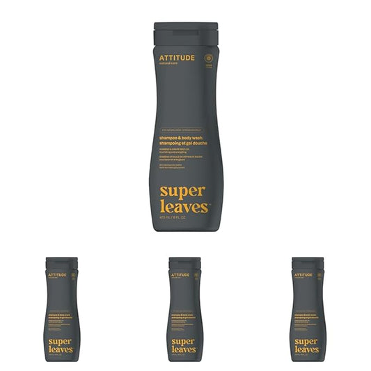 ATTITUDE 2-in-1 Body Wash and Hair Shampoo, EWG Verified Shower Gel, Dermatologically Tested, Made with Naturally Derived Ingredients, Vegan Personal Care, Ginseng and Grapeseed Oil, 16 Fl Oz