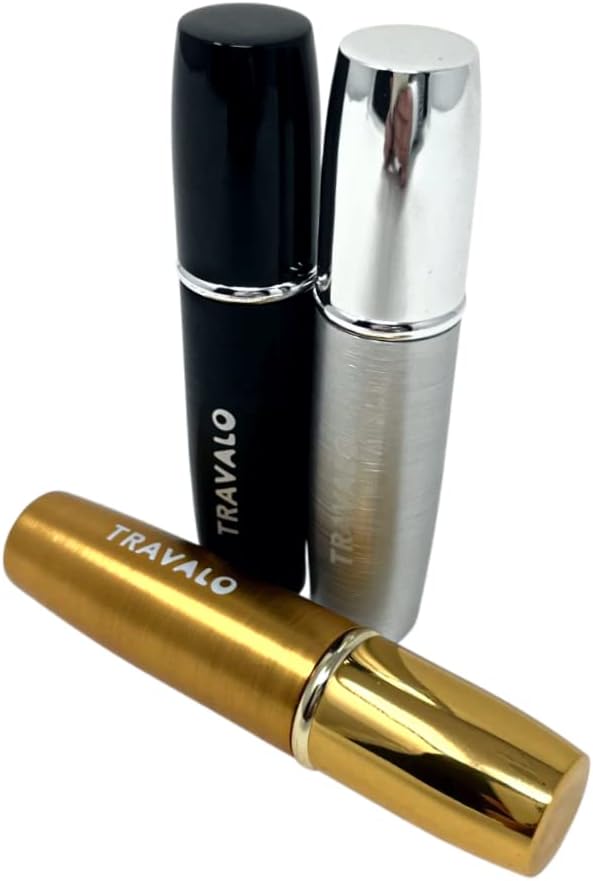 Travalo LUX Perfume Atomizer Bundle - Leak-Proof and TSA Approved for Air Travel - Reusable, Easy Fill Mini Pump Sprayer - Lightweight, Brushed Polished Metal - Gold, Black, Silver - 3 Pack