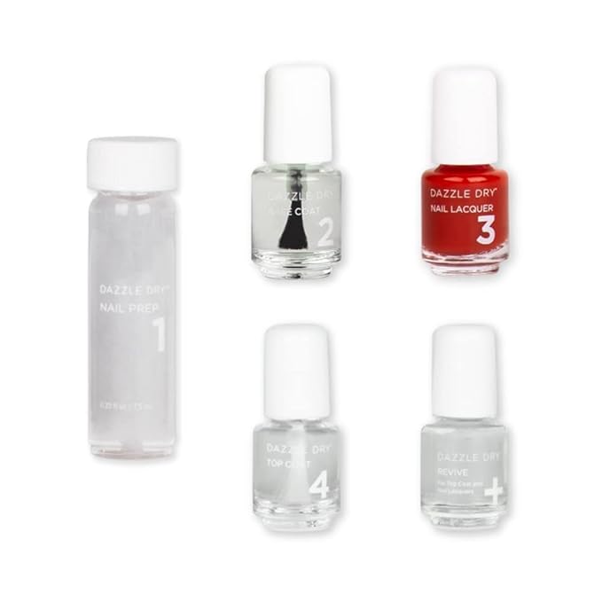Dazzle Dry Mini Kit 4 Step System - Lit, a semisheer bright red with blue undertones. Semi-sheer, cream. (5 Piece Kit / 5 Manicures)