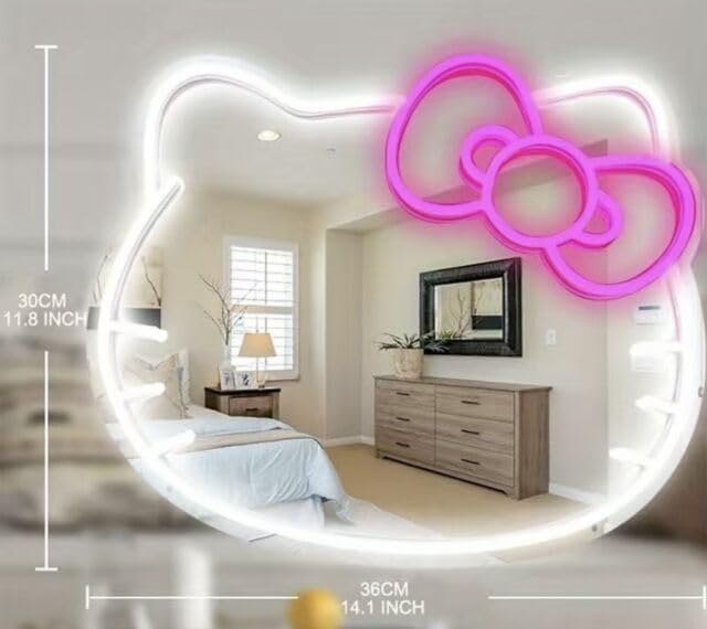 Anime Mirror 13.3 x 16.14 Inches Vanity Mirror with Lights Cat Design Bedroom Wall Mirror Girls Makeup Kitty Mirror with Lights Neon Sign Gift Mirror
