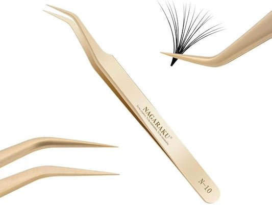 NAGARAKU Tweezers for Eyelash Extensions Curved Lash Tweezers for Volume Lashes Precision Pinzas Professional Easy Fanning Stainless Steel Precise Pointy Make Fans for Lashes Fanning(N-10)