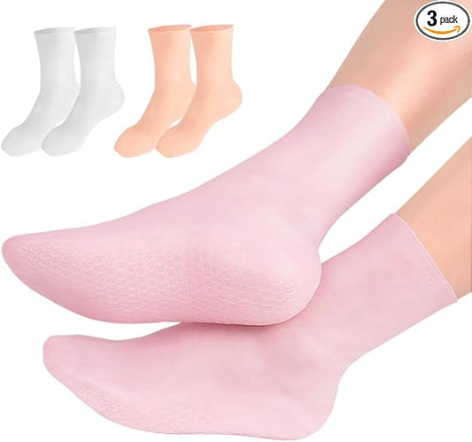 MoyRetty 3 Pairs Silicone Moisturizing Socks,Silicone Socks for Dry Cracked feet Women,Long Size,Spa Gel Socks Foot Care After Pedicure,High Elastic & Anti Slip(Pink & Beige & White)