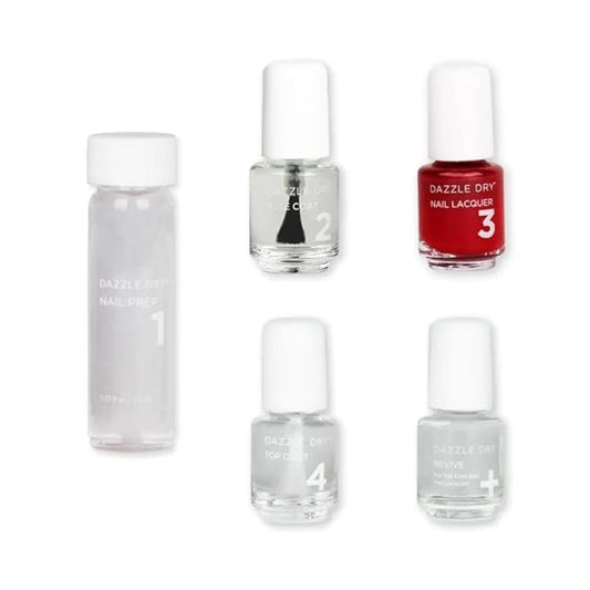 Dazzle Dry Mini Kit 4 Step System - High Velocity Red, a full coverage classic red with subtle magenta shimmer. Full coverage shimmer. (5 Piece Kit / 5 Manicures)
