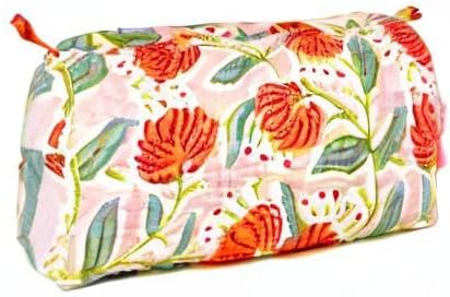 Block Print Designer Toiletry Bag & Makeup Case - Boho Floral Quilted Pouch for Cosmetics, Skincare - Waterproof Lined Organizer for Diaper Bag, Purse, Travel, Gift, Pencils (Pink Multi Floral)