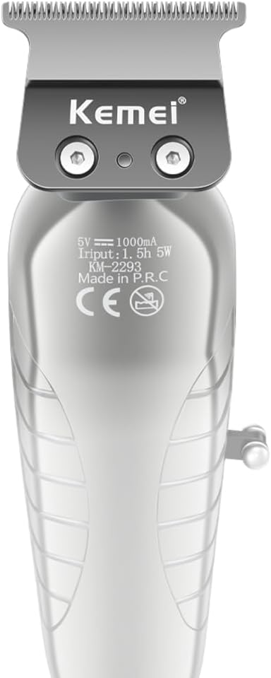 KEMEI 2293 Professional Hair/Beard Trimmer for Men Zero Gapped Hair Clippers for Barber with T Blade, Cordless Rechargeable, Silvery