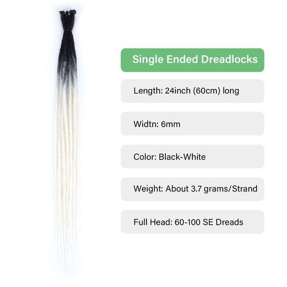24 In 30 Strands SE Dreadlock Extensions, Gray to White Thin 0.6cm Width Synthetic Dreads Extensions, 100% Handmade Dreads Hippie Style Dreadlocks for Woman