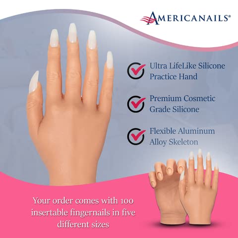 Americanails RealisTech Ultra Lifelike Silicone Practice Hand for Acrylic Nails – Nail Tech Training Tool, Flexible Practice Hand, Mannequin Hand with Insertable Nails, Practice Nail Art