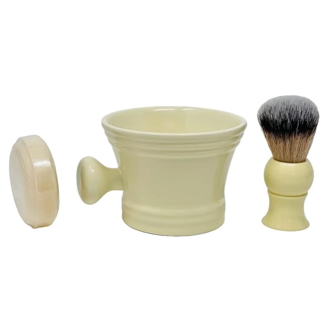 G.B.S Heavy Duty Ceramic Shaving Set – Ivory Mug with Knob Handle, Faux Ivory Handle Brush, 3 oz Natural Long-Lasting Lather Soap – Classic Wet Shaving Kit for Men