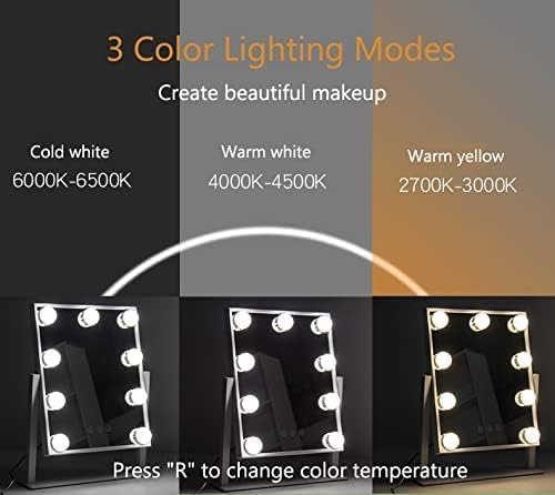 Vanity Mirror with Lights，Hollywood Lighted Makeup Mirror with 3 Color Modes and 9 Dimmable Diamond LED Light Bulbs Detachable 10X Magnification 360° Rotation Touch Control