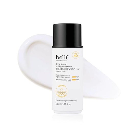 belif Milky Niacinamide Sunscreen SPF 40 – Lightweight & Invisible Sun Serum for Face with 7 Types of Hyaluronic Acid | No White Cast, Non-Comedogenic, Hydrating, Makeup-Gripping Primer (1.69 fl.oz)