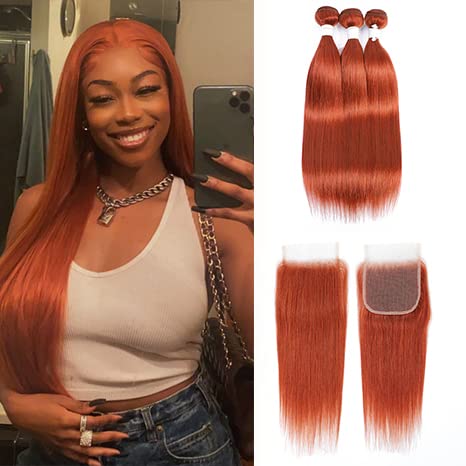 REMY HAIR Burnt Orange Bundles Remy Straight Orange Human Hair 3 Bundles with 4ﾗ4 Closure Brazilian Hair Extension Mixed Length #350 (16 18 20 + C14)