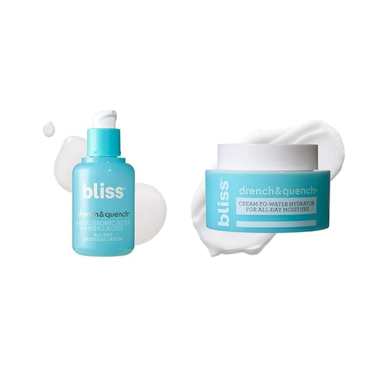 Bliss Drench & Quench Hydrating Duo: Serum + Moisturizer with 4 Types of Hyaluronic Acid for Intense Hydration - Lightweight, For All Skin Types - Clean, Vegan, Cruelty-Free