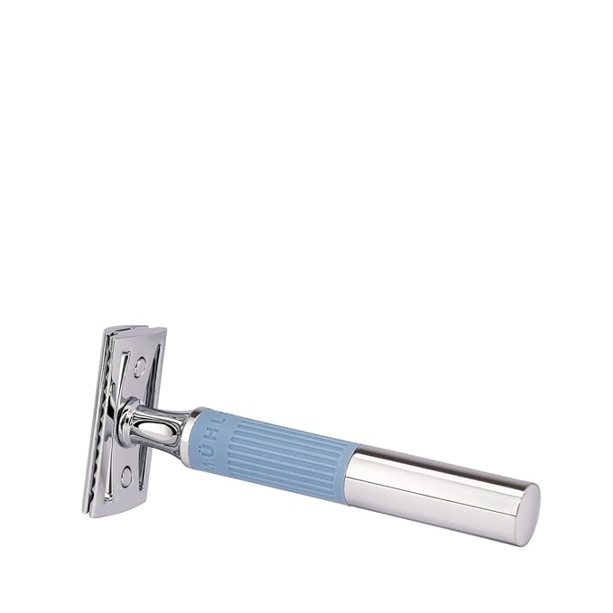 MÜHLE NEO safety razor|double edge safety razor for beginners and experienced shavers|sustainable eco-friendly and reusable|for men and women|chrome with glacier blue silicone grip handle