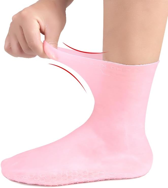 MoyRetty 3 Pairs Silicone Moisturizing Socks,Silicone Socks for Dry Cracked feet Women,Long Size,Spa Gel Socks Foot Care After Pedicure,High Elastic & Anti Slip(Pink & Beige & White)