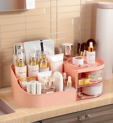 skin care organizer,Makeup Desk Organizer With Drawers,Countertop Organizer for Cosmetics,Vanity brush with Holder for Lipstick, Brushes, Eyeshadow, and Desktop Finishing Dresser (D-pink)