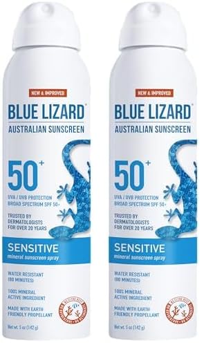 Blue Lizard Sensitive Mineral Sunscreen Spray SPF 50+, Dermatologist-Recommended Brand, Broad-Spectrum UVA/UVB Protection, Water-Resistant, Zinc Oxide Formula, 5 fl oz (Pack of 2)