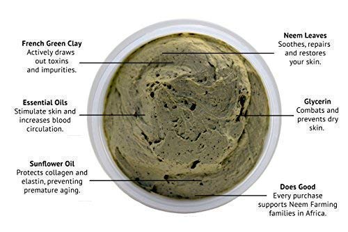 French Clay Mask with Neem, for Blemishes, Blackheads, Rashes; for Irritated and Stressed Skin; Deeply Cleansing and Rejuvenating; Rosemary, Lavender, Eucalyptus Essential Oils, 3.4 oz