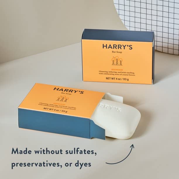 Harry's Men's Bar Soap, Redwood Scent Body Bar Soap for Men, 4 Bars, Net Wt 4 oz Each