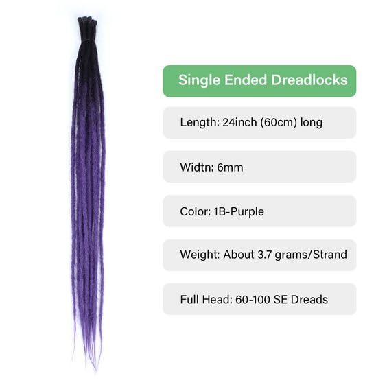 24 In 30 Strands SE Dreadlock Extensions, Ombre Purple Thin 0.6cm Width Synthetic Dreads Extensions, 100% Handmade Dreads Hippie Style Dreadlocks for Woman